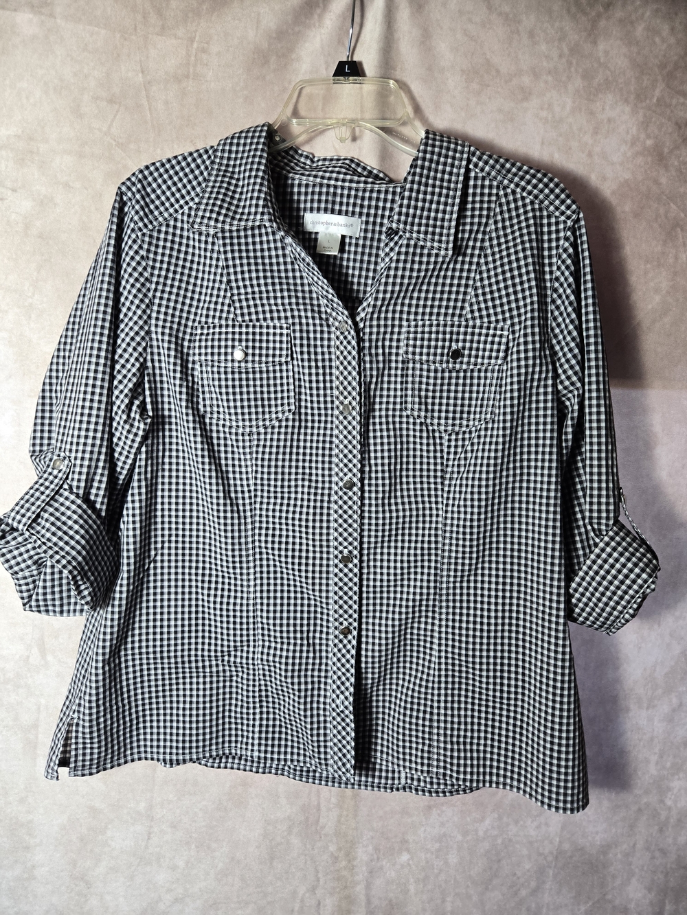 Christopher & Banks Black and White Gingham Button-Down Shirt Sz L